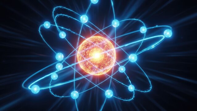 Luminous blue atom model with glowing orange central nucleus.