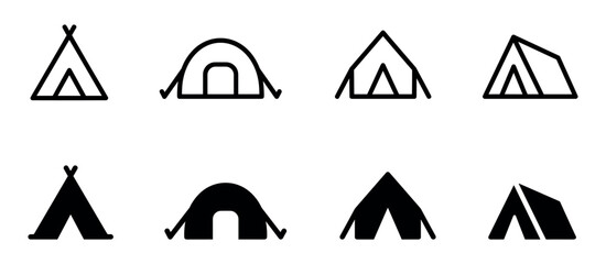 Vector set of eight black and white camping tent and silhouettes on transparent background © Razvi hasan