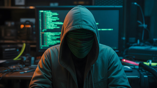 Cybersecurity hacker in a hoodie sitting in front of a computer screen with green binary code and data streams in a dark room