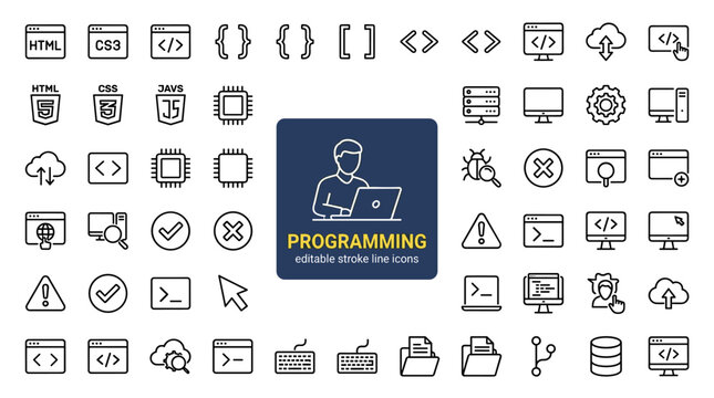 Programming and software development set featuring various code syntax and tech tools.