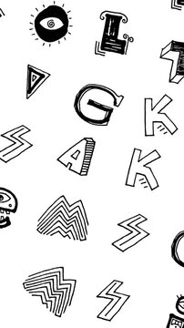 Seamless funny vertical video of doodles and handwritten alphabet isolated on a white background. Stop motion zine culture video loop.