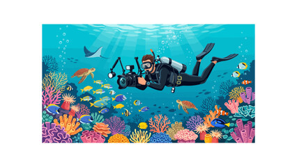 Fototapeta premium Underwater photographer scuba diving in coral reef, professional diver filming marine life with camera, colorful ocean floor with tropical fish and sea turtles