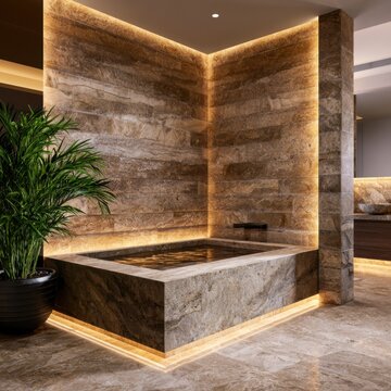 Luxury bathroom featuring natural stone walls, warm indirect lighting, and a modern spa-like atmosphere with a stylish soaking tub and lush greenery
