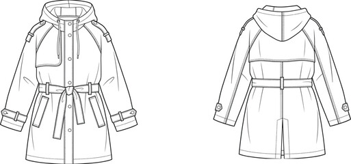 MobileFashion technical sketch of a women hooded trench coat jacket with belt front and back viewsFashion technical sketch of a women hooded trench coat jacket with belt front and back views © FalguniAkter