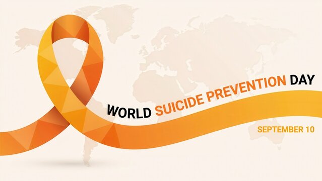 World Suicide Prevention Day banner with orange awareness ribbon and map background