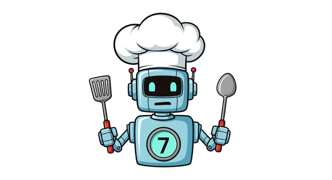 Robot chef wearing a white hat holds a metal spatula and a serving spoon.