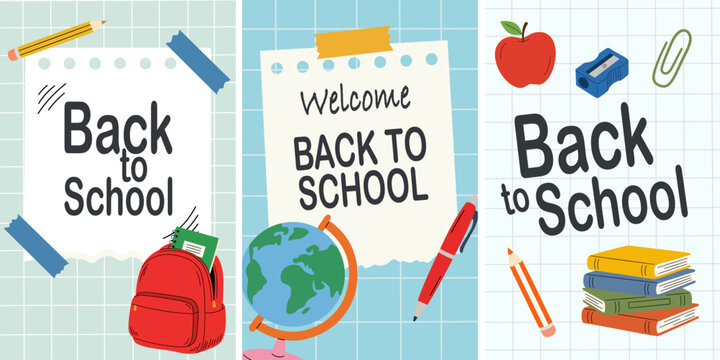 Set of three vertical back to school banners with hand drawn illustrations of supplies like a backpack, globe, books, and apple on checkered paper background