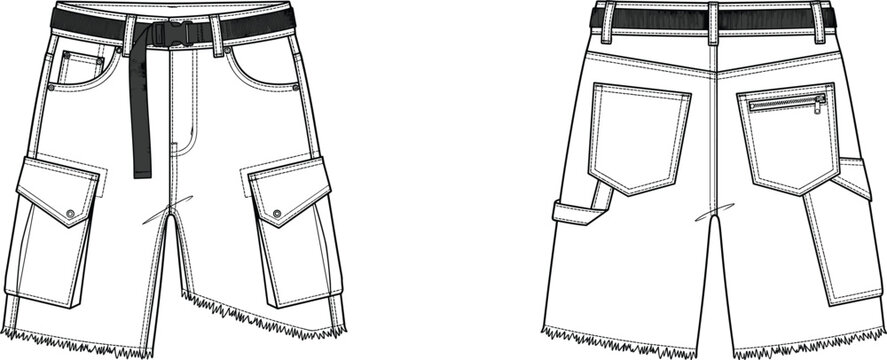 MobileFashion technical sketch of asymmetrical raw hem cargo shorts showing front and back views for tech pack