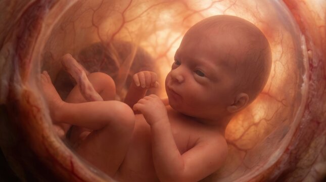 Intrauterine life creation: fetus develop, amniotic sac, umbilical cord, placenta nourish, human embryo, biological growth, maternal womb, gestation process, prenatal anatomy, cell division.