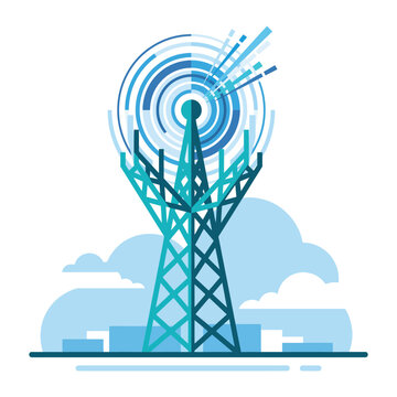 A modern communication tower depicted in a stylized manner, symbolizing connectivity and technology, with radiating signals representing the flow of information.