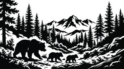 Fototapeta premium Vintage bear family silhouette in mountain forest, rustic wildlife landscape vector, black and white grizzly bear cubs in pine tree wilderness