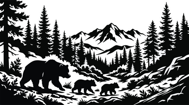 Vintage bear family silhouette in mountain forest, rustic wildlife landscape vector, black and white grizzly bear cubs in pine tree wilderness