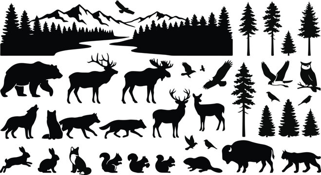 Wilderness wildlife silhouette collection, forest animals and mountain landscape vector set, black pine tree and woodland creature icons for outdoors design
