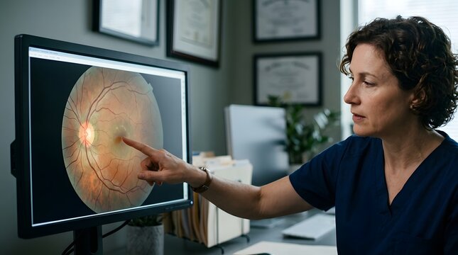 Ophthalmologist examining a digital scan of a human retina on a monitor in a clinical office setting with eye care, health care
