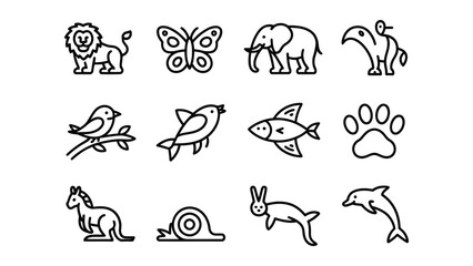 Set of animal illustrations featuring a lion butterfly elephant toucan bird fish paw snail rabbit dolphin in a fun and playful design suitable for various creative projects © vector innovation