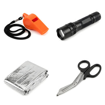 Emergency survival kit with whistle flashlight thermal blanket and shears.