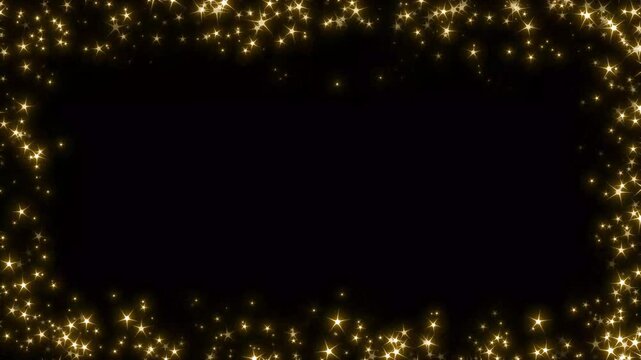 Glowing golden stars border animation sparkling christmas particles frame for wedding overlay, luxury festive magic bright light elements loop motion graphic design on black background. 4k video