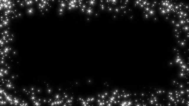 Bright white dust particle boundary shimmering award ceremony video frame, magical celebration overlay effect with glowing star loop motion graphic background on black background. 4k video