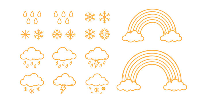 Set of cute hand drawn weather icons with rainbows clouds rain and snowflakes