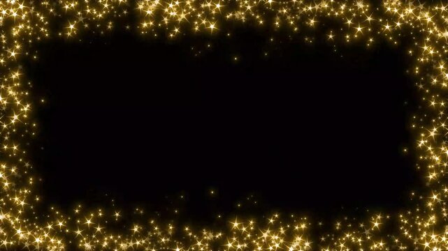 Magical golden glitters border loop festive holiday background template, abstract shiny starry frame for video editing vlogs, elegant cinematic overlay effects on black background. 4k video