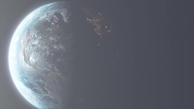 A cinematic view of planet earth from space, showing the transition between day and night with glowing city lights visible on the dark side of the globe