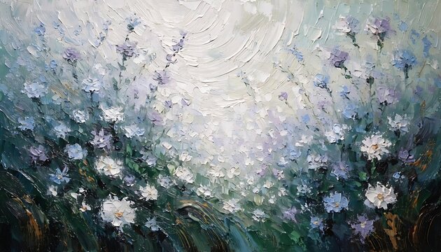 Oil painting of blooming white meadow flowers in a soft misty field with painting impressionism brushstrokes blooming