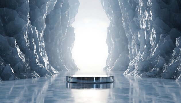 Empty silver display stage in dark icy cavern with natural lighting platform showcase luxurious lighting abstract