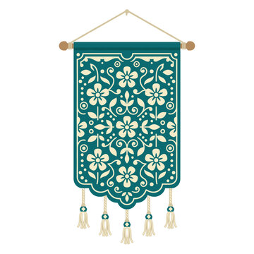 Decorative hanging banner with traditional floral ornament and tassels Vector art.