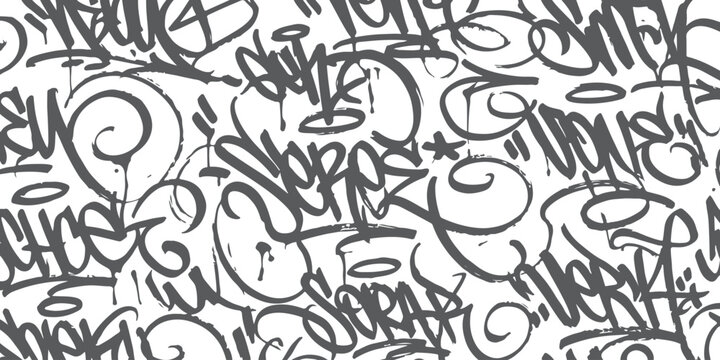 Black and white graffiti tags pattern with messy street art letters