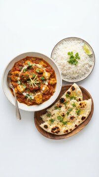 Indian chicken curry with basmati rice and naan bread