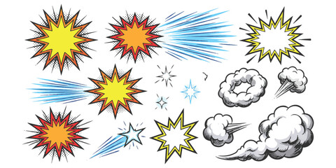 Set of colorful comic book explosion and smoke effect elements for graphic design projects © md