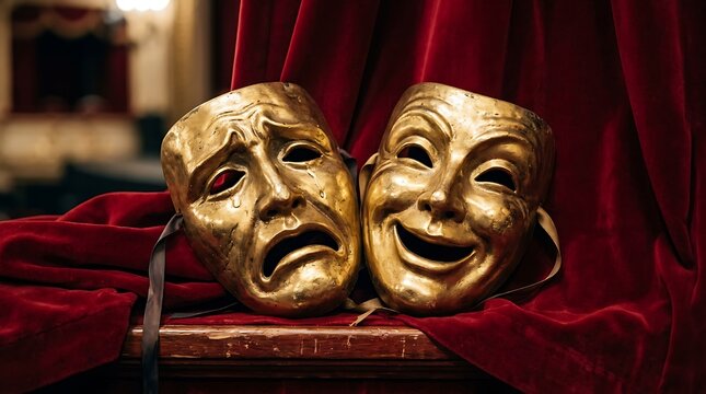 Classic comedy and tragedy theater masks sitting on a wooden stage with red velvet curtains in the background
