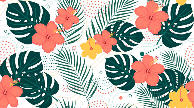 Seamless pattern with hibiscus flowers and tropical monstera leaves on white background.