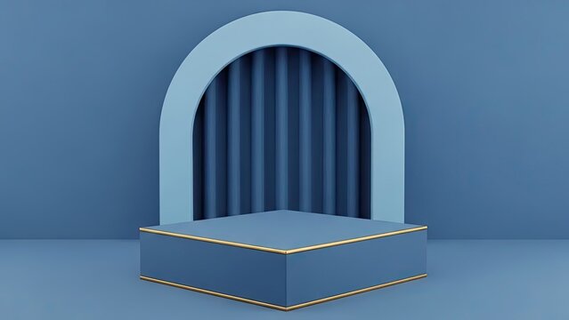 Blue arched podium with gold trim and velvet background.