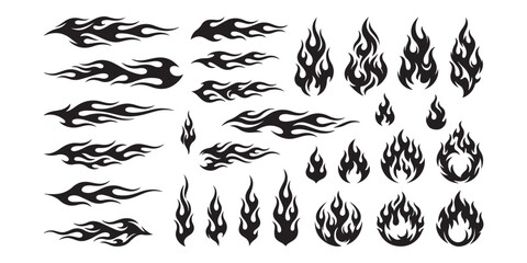 Set of black fire flames and tribal hot rod flame design elements for graphic projects © md