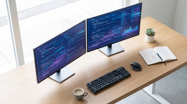 Dual Monitor Software Development Workspace with Code Editor and Analytics Dashboard