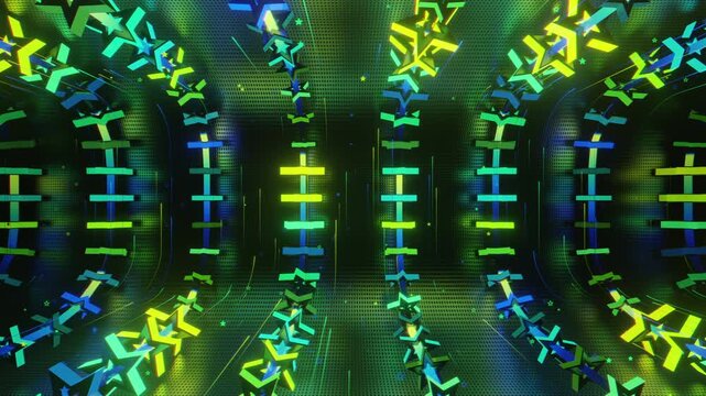 Seamless VJ loop with glowing neon stars abstract structure and psychedelic motion for high-tech club visuals, electronic music festivals, stage screens and for LED video walls