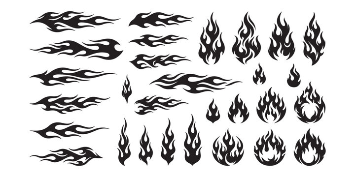 Set of black fire flames and tribal hot rod flame design elements for graphic projects