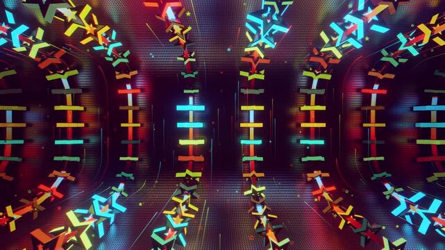 Seamless VJ loop with glowing neon stars abstract structure and psychedelic motion for high-tech club visuals, electronic music festivals, stage screens and for LED video walls