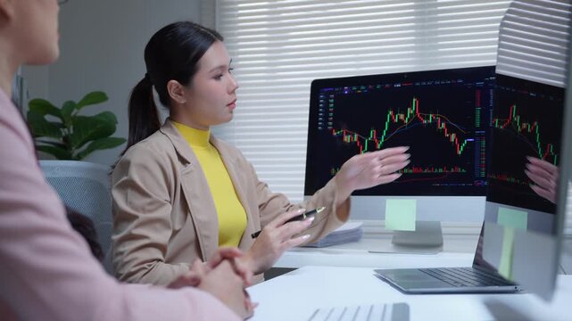 Businesswomen discussing stock market candlestick chart and financial data on a computer screen in the office