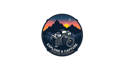 Fototapeta premium Vintage camera captures a breathtaking mountain landscape at sunset with stars appearing.