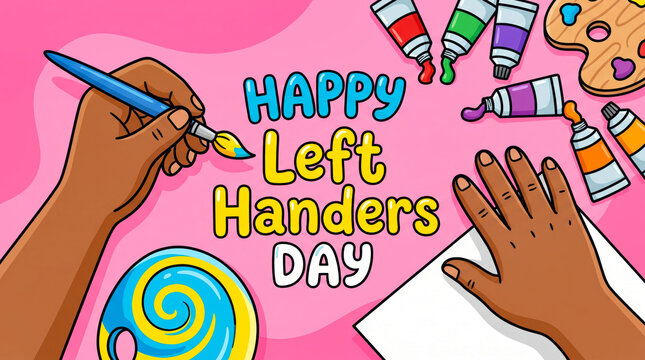 Happy left handers day illustration with painting hands and brushes