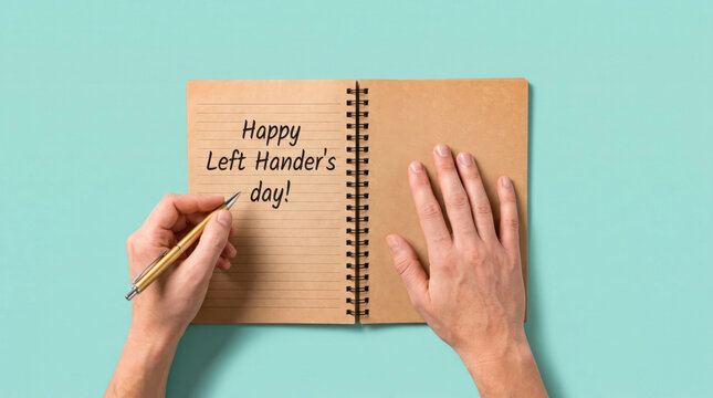 Person writing happy left handers day in notebook with left hand