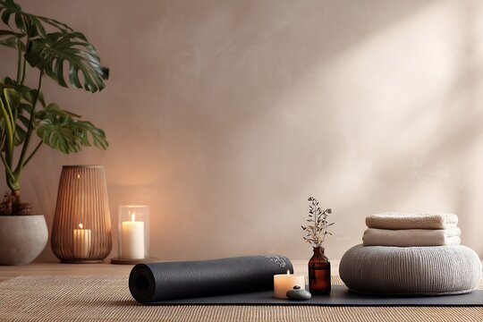 Calm yoga studio setup with candles and meditation cushions.