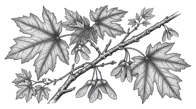 Detailed botanical illustration of maple leaves and samaras on a branch in black and white