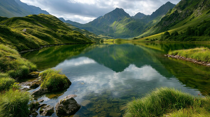 Fototapeta premium Majestic alpine lake surrounded by lush green mountains under dramatic cloudy sky