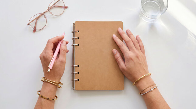 Person writing in a brown notebook with pen