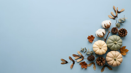Obraz premium Festive thanksgiving background with pumpkins cotton and pinecones on light blue surface