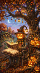 Fototapeta premium Charming halloween scarecrow reading spooky tales under autumn trees with jack o' lanterns