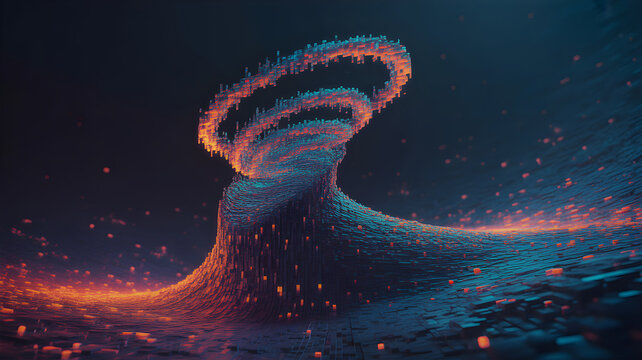 Abstract digital tornado made of glowing particles and data blocks representing big data flow and technological disruption